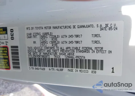 2024 Toyota Tacoma Sr 4Wd z USA, uszkodzony, nr VIN 3TYLD5KN5RT002073